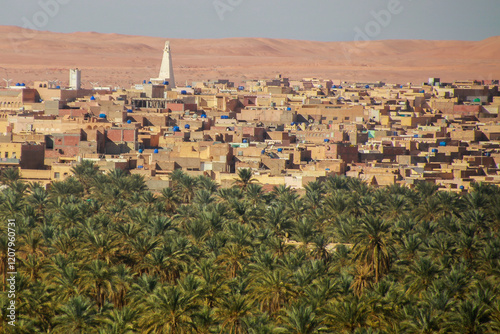 Ghardaia Oasis Settlement with Earth-Toned Buildings and Palm Trees in Desert