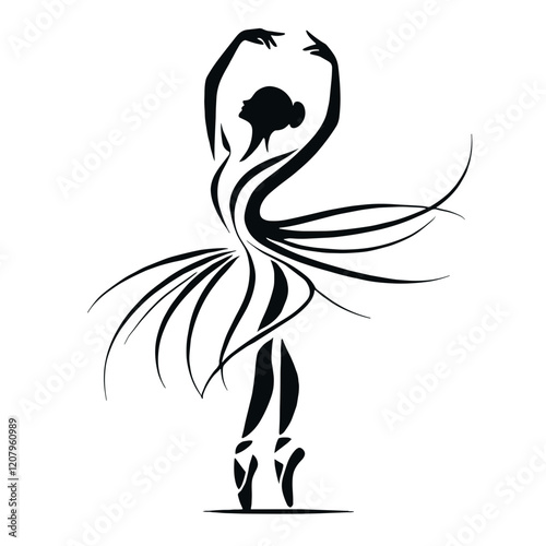 A black and white silhouette of balerina, minimalist stroke lines, minimalist art, vector, isolated, transparent background