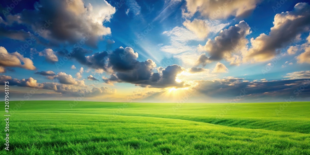 Serene Sunset Over Undulating Green Fields with Dramatic Clouds Serene Sunset Over Undulating Green Fields with Dramatic Clouds