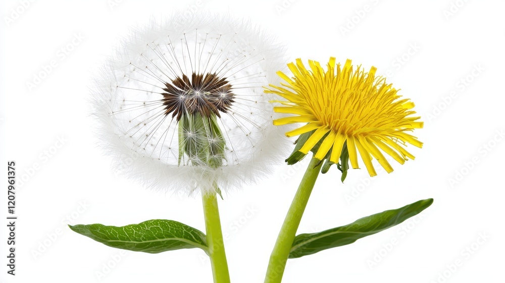 Fototapeta premium Dandelion Puff on White Background Against Bright Yellow Flower