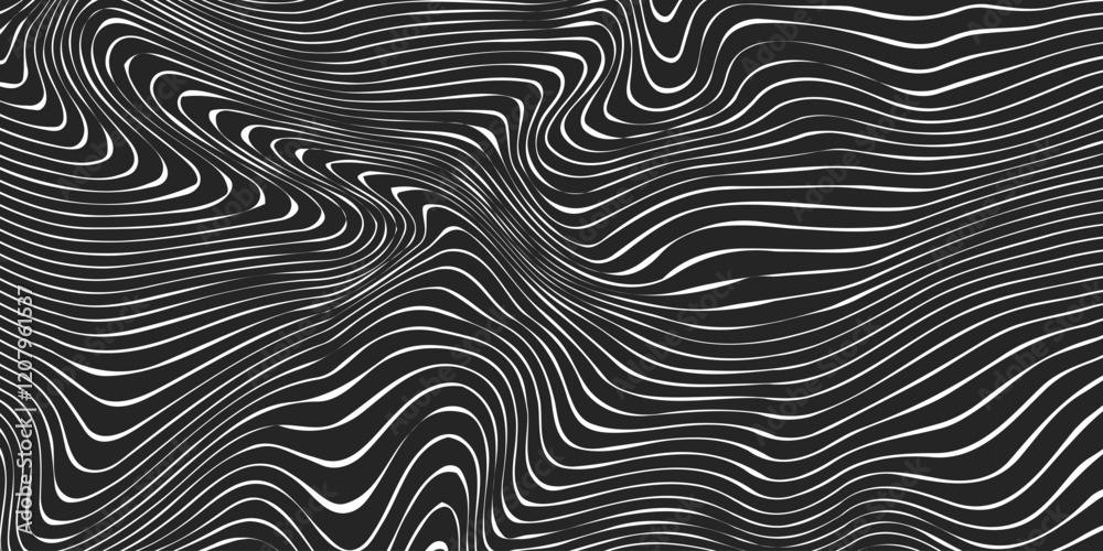 Optical illusion line pattern. Liquid black and white line abstract background. Monochrome line wave Optical illusion line pattern. Liquid black and white line abstract background. Monochrome line wave