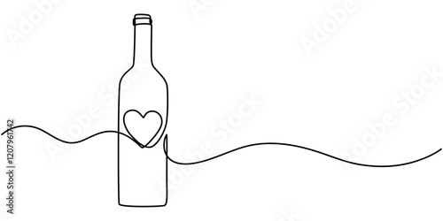 valentine bottle continuous one line drawing, Heart shaped glass bottle continuous line drawing. One line art of perfume, eau de toilette, tester, spray, aroma, pheromones, love potion, feelings, pro.