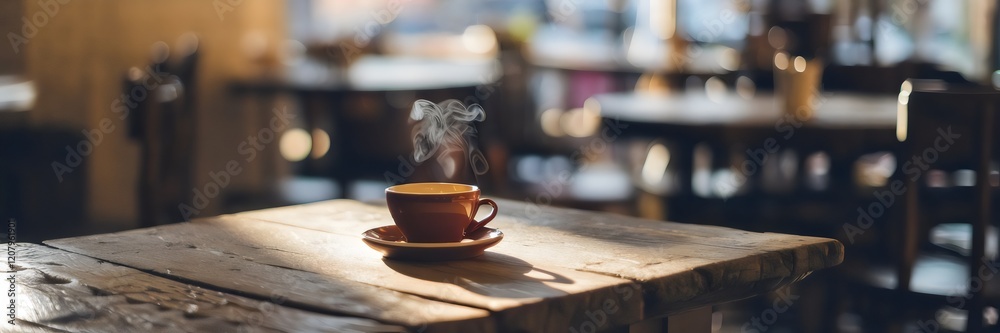Obraz premium Shadow of coffee cup on rustic table in cafe