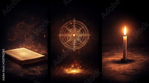 Mystical Symbols, Ancient Book, Burning Candle photo