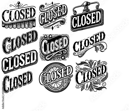 Closed Vintage Shop Sign Logo Vector Design Isolated Ink Drawing Collection