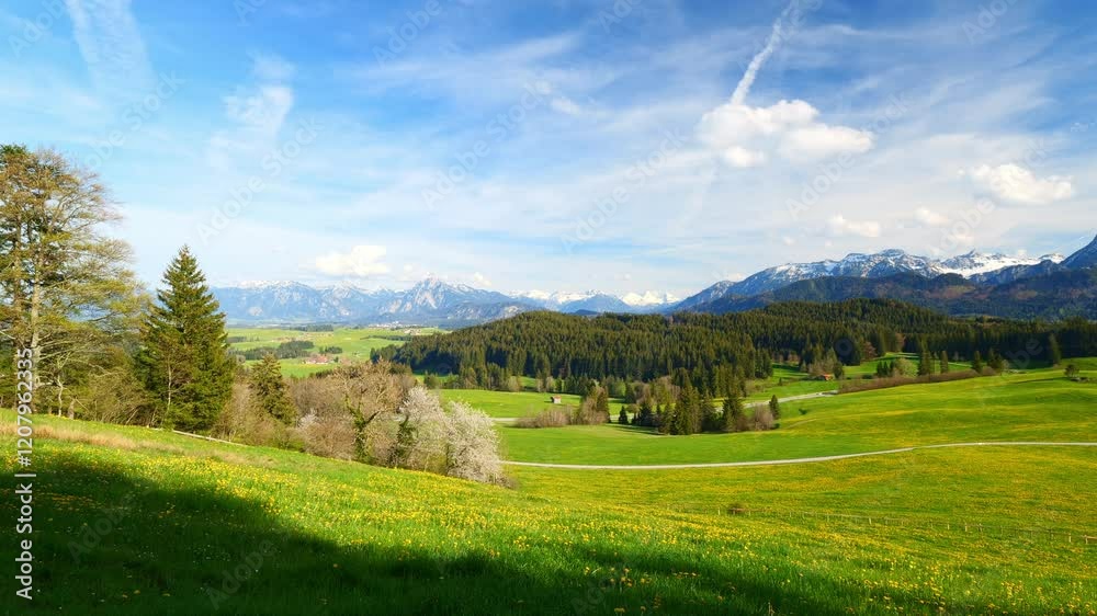 outdoor relaxation on a view point to Bavarian countryside fields near eisenberg