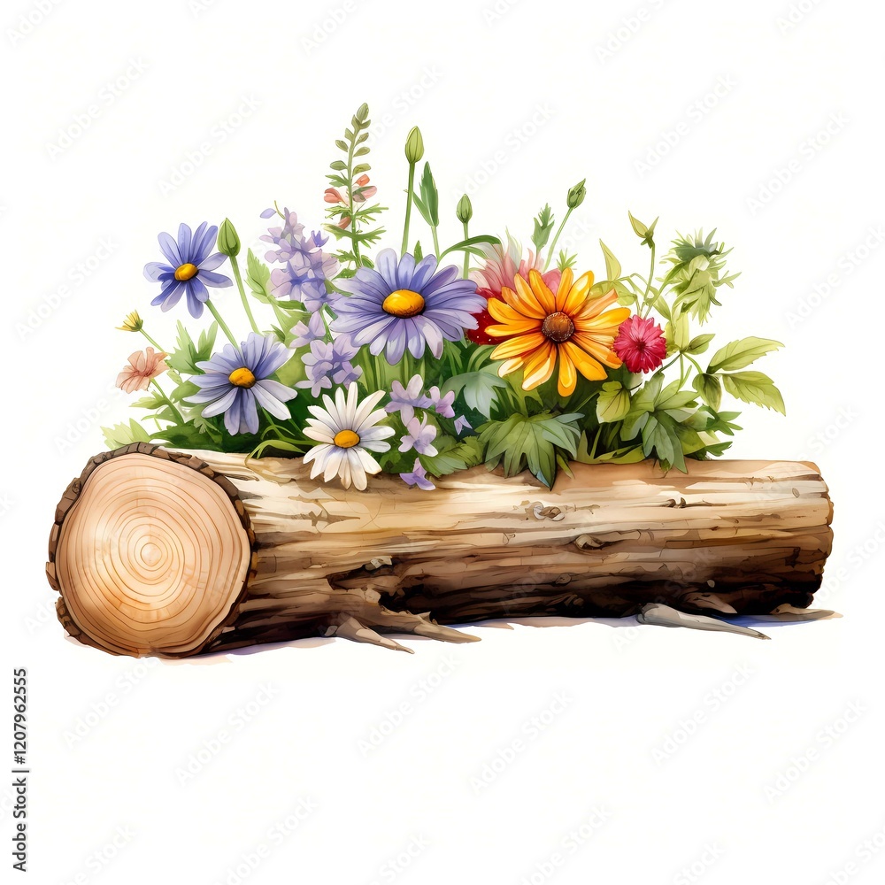 Obraz premium Wildflowers on Log clipart. AI Watercolor Art illustration. Detailed illustration