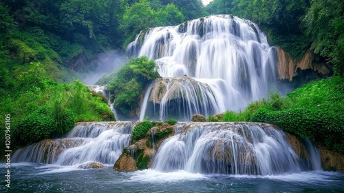 Majestic waterfall flowing gracefully over rocks surrounded by lush greenery in a serene setting