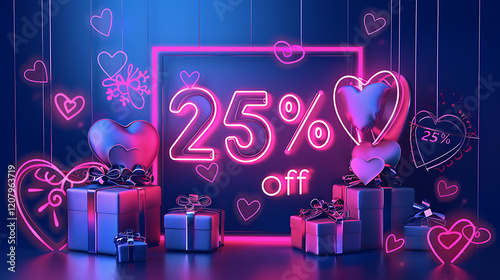 Neon heart-shaped 25% off sale sign with glowing heart decorations