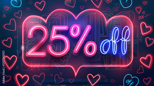 Neon heart-shaped 25% off sale sign with glowing heart decorations