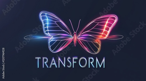 A butterfly with neon colors and the word transform written below it