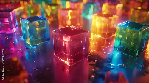 A vibrant array of colorful cubes scattered seamlessly on a glossy surface, glowing softly under studio lights