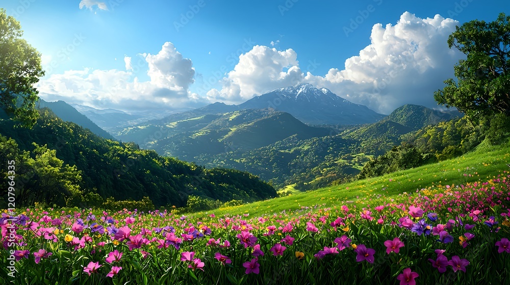Fototapeta premium Scenic Mountain Landscape with Colorful Flowers and Blue Sky