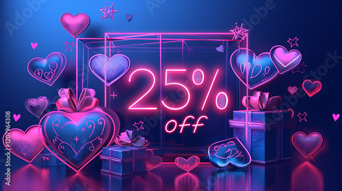Neon heart-shaped 25% off sale sign with glowing heart decorations