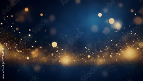 Elegant abstract background with dark blue and gold particles, Christmas golden light bokeh on navy blue, gold foil texture for holiday themes