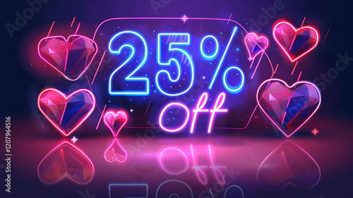Neon heart-shaped 25% off sale sign with glowing heart decorations