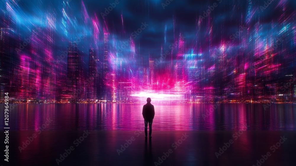 Naklejka premium Neon Cityscape Solitary Figure Contemplates Futuristic Urban Glow