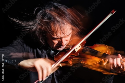 Intense caucasian adult male violinist performing passionately with motion blur