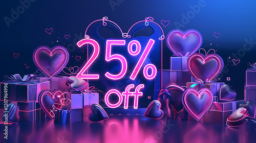 Neon heart-shaped 25% off sale sign with glowing heart decorations