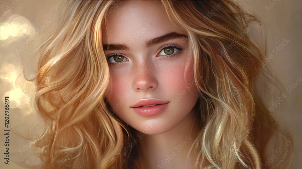 Obraz premium Young woman with long auburn hair, radiant fair skin, and bright teal eyes, gazing confidently at the camera