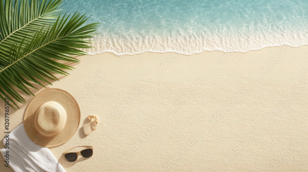 sun kissed beach with soft golden sand, straw hat, sunglasses, and towel, creating relaxing atmosphere for perfect getaway sun kissed beach with soft golden sand, straw hat, sunglasses, and towel, creating relaxing atmosphere for perfect getaway