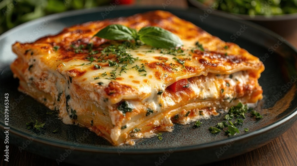 rustic homemade lasagna with melted cheese and fresh basil garnish dramatic moody lighting on dark blue ceramic plate rustic homemade lasagna with melted cheese and fresh basil garnish dramatic moody lighting on dark blue ceramic plate