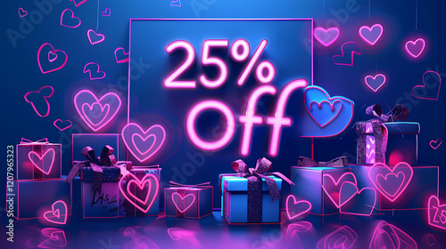 Neon heart-shaped 25% off sale sign with glowing heart decorations
