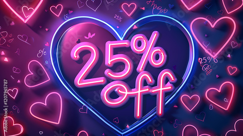 Neon heart-shaped 25% off sale sign with glowing heart decorations