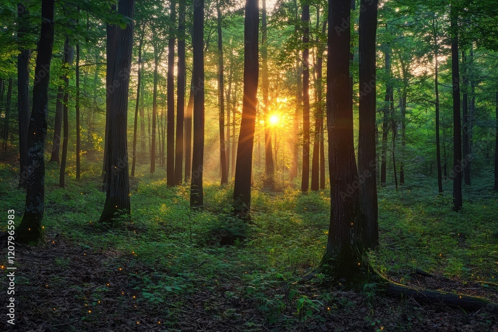 Fototapeta premium Sunlight filtering through trees in lush green forest at dawn