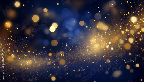Elegant abstract background with dark blue and gold particles, Christmas golden light bokeh on navy blue, gold foil texture for holiday themes