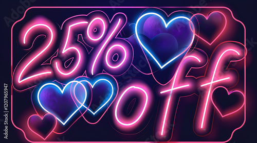 Neon heart-shaped 25% off sale sign with glowing heart decorations