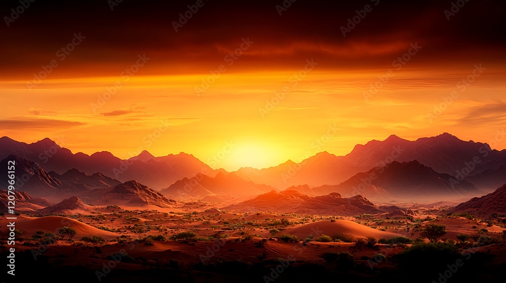 Fototapeta premium Majestic Sunset Over Desert Landscape with Silhouetted Mountains