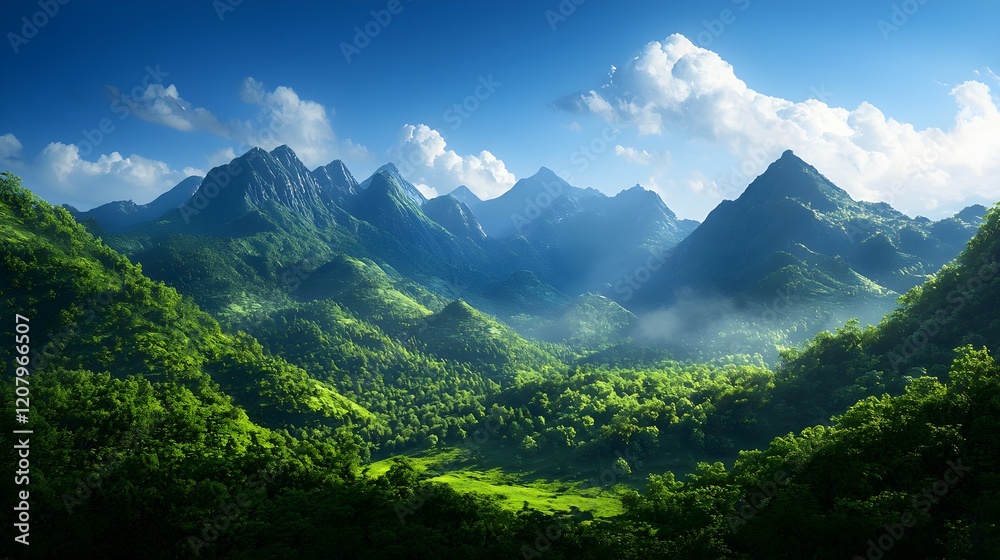Fototapeta premium Serene Mountain Landscape with Lush Greenery and Clear Blue Sky