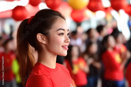 Young asian female in red shirt at festive lantern celebration photo