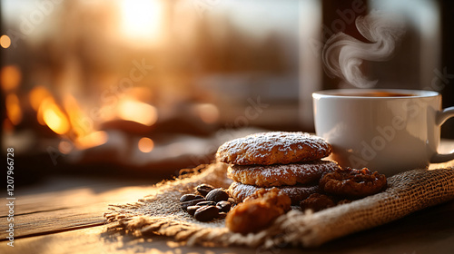 Gemütliche Winterstimmung mit dampfendem Kaffee, knusprigen Keksen und flackerndem Kaminfeuer im Hintergrund  
 photo