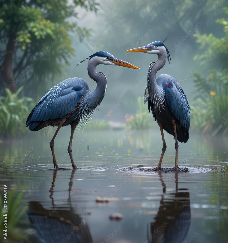 Fototapeta premium Blue herons forage for fish in the shallow waters of a misty pond, their long beaks dipping into the depths with precision, feeding behavior, water