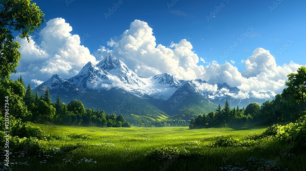 Obraz premium Majestic Mountain Landscape with Lush Greenery and Blue Sky