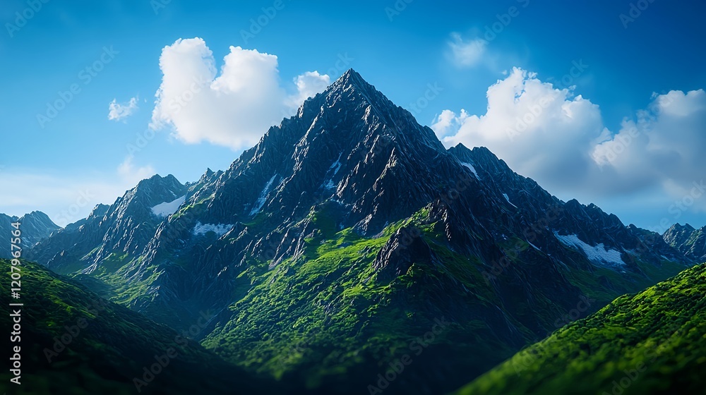 Obraz premium Majestic Mountain Peak Surrounded by Vibrant Green Hills and Clouds