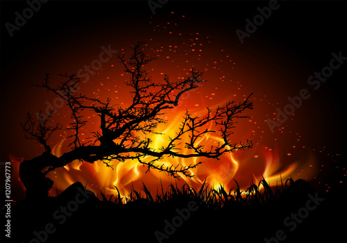 Fiery Tree Silhouette with Dramatic Flames