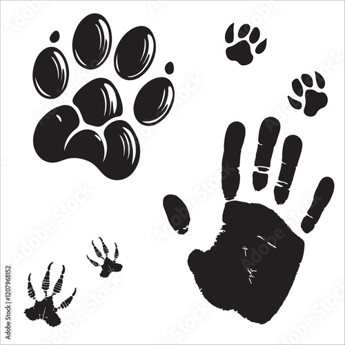 Vector animal paw print stamp: dog and human hands set