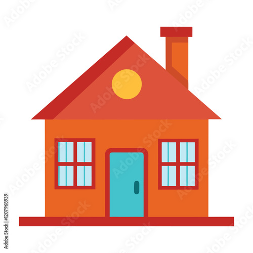 Clean and colorful flat house illustration for digital use. Cartoon clipart style house icon with windows and chimney.  Simple cozy home illustration with chimney and symmetrical details.