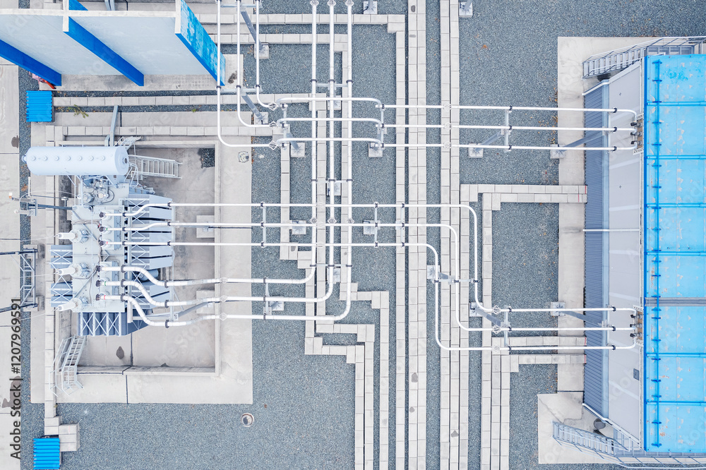 Obraz premium Aerial top view High voltage circuit breaker in power substation, ceramic insulator
