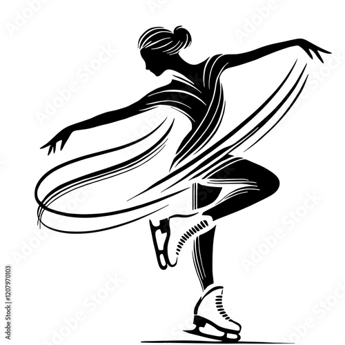 A black and white silhouette of Girl Figure skater, minimalist stroke lines, minimalist art, vector, isolated, transparent background