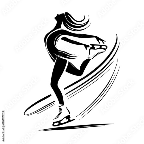 A black and white silhouette of Girl Figure skater, minimalist stroke lines, minimalist art, vector, isolated, transparent background