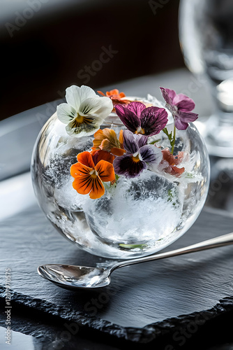 Fototapeta Naklejka Na Ścianę i Meble -  Elegant dessert served in a frozen sphere with colorful edible flowers on a black slate plate