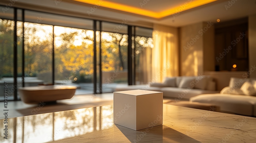 Fototapeta premium Minimalist business card design in a modern setting with natural light during sunset