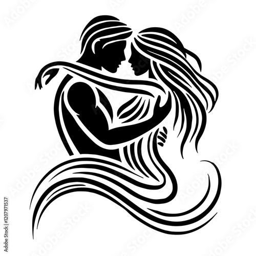 A black and white silhouette of hugs between man and woman, minimalist stroke lines, minimalist art, vector, isolated, transparent background