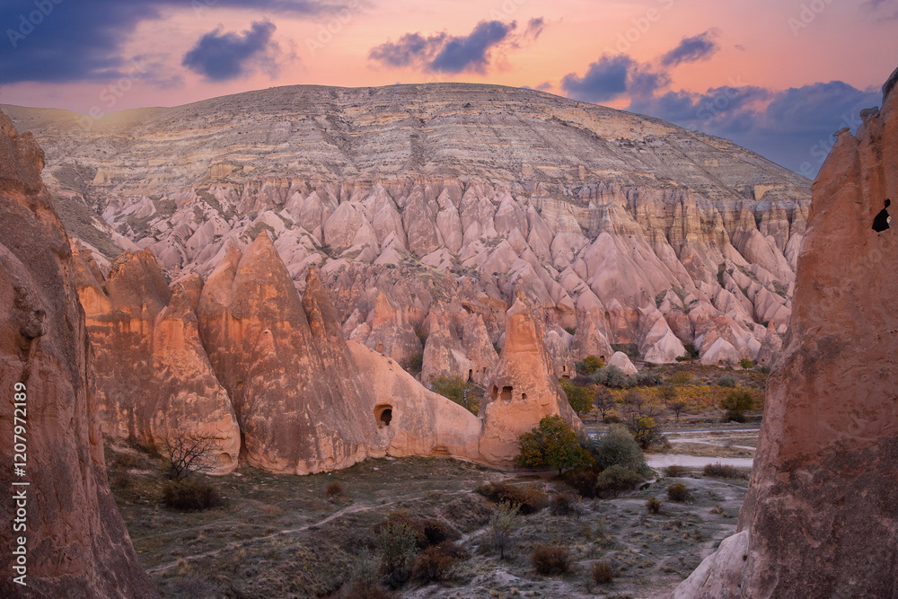 Amazing aerial view of beautiful stone pillars at sunset in love valley, Cappadocia, Turkey Amazing aerial view of beautiful stone pillars at sunset in love valley, Cappadocia, Turkey