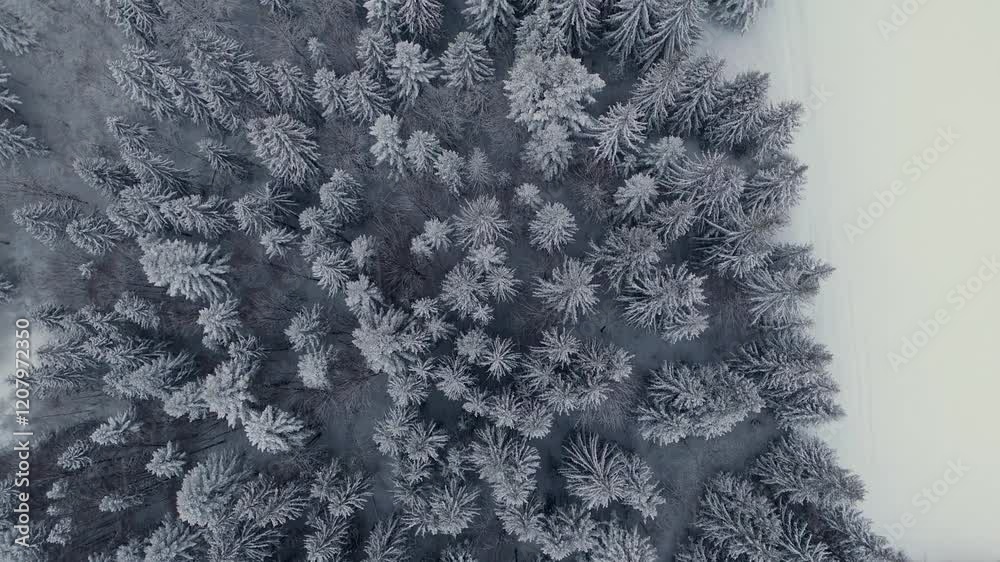 Aerial view of tree crowns in winter forest during heavy snowfall. Aerial view of tree crowns in winter forest during heavy snowfall.