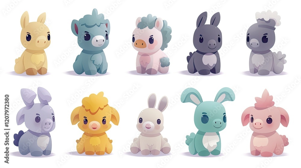 Fototapeta premium A collection of cute, stylized animal plush toys in various colors and designs.